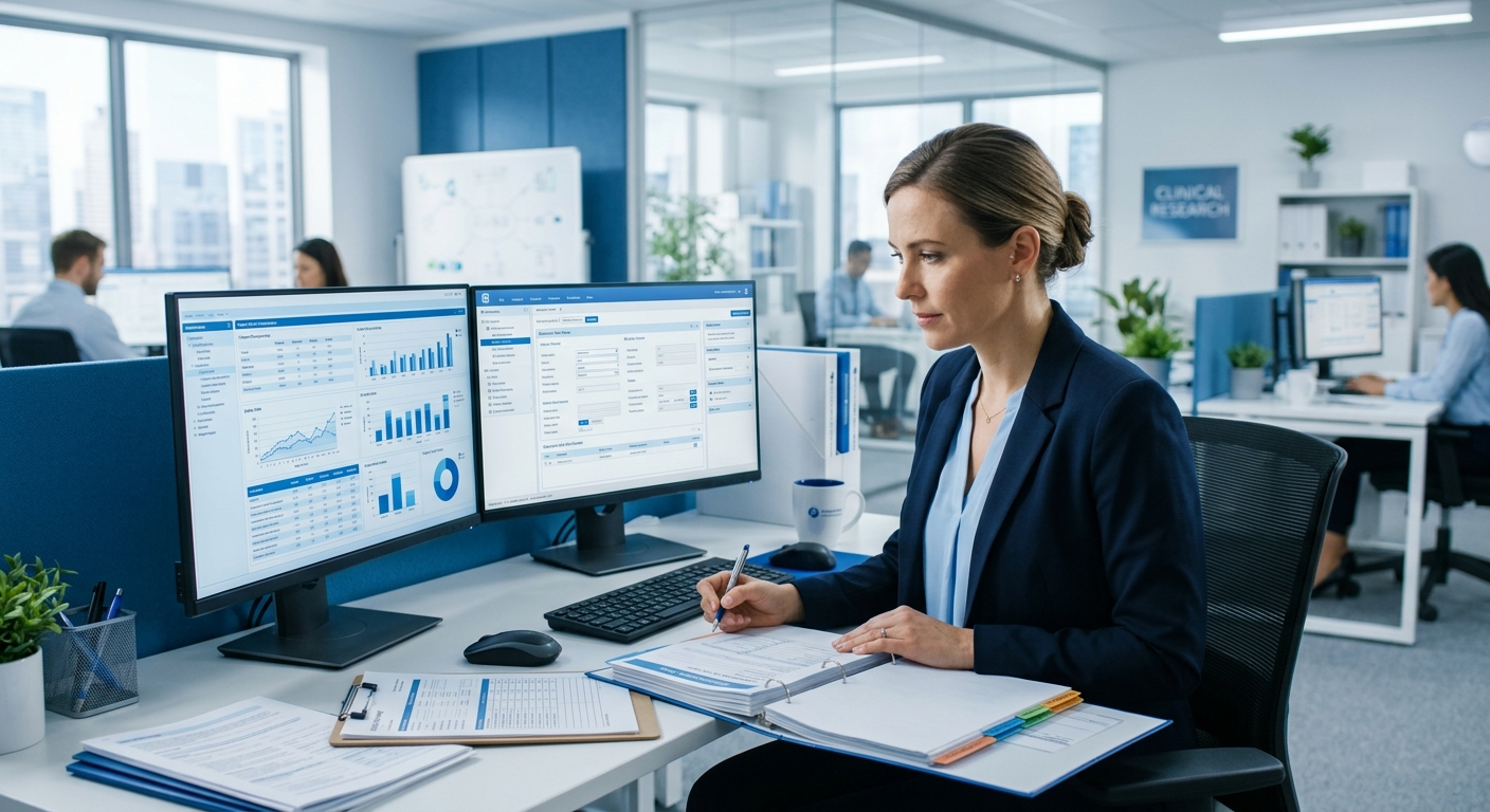 Clinical trial coordinator in front of pharmaceutical data screens